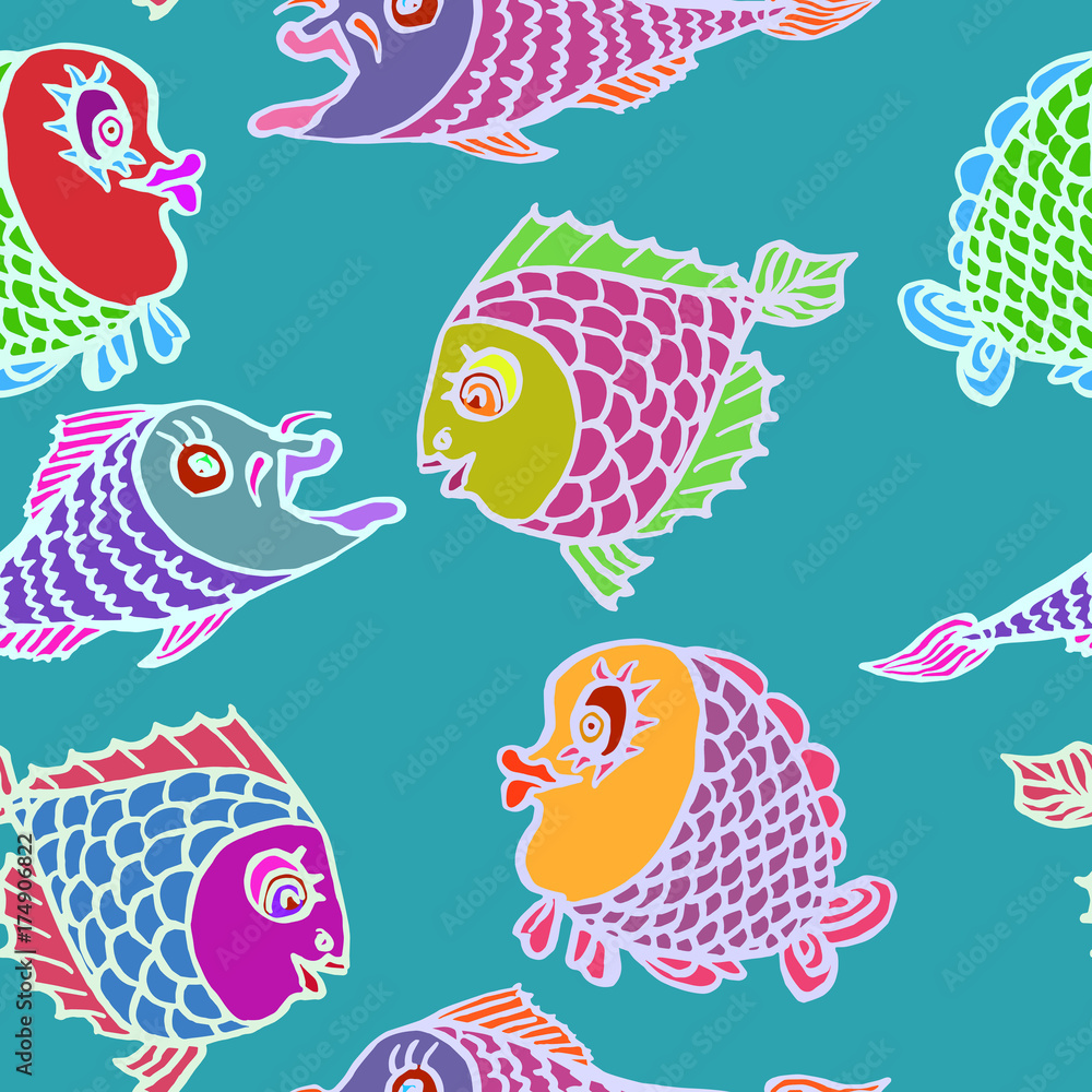 Funny colorful fishes, hand drawn doodle, sketch in naïve, pop art style, white outline, seamless pattern design on green background