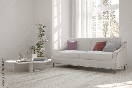 Idea of white minimalist room with sofa. Scandinavian interior design. 3D illustration