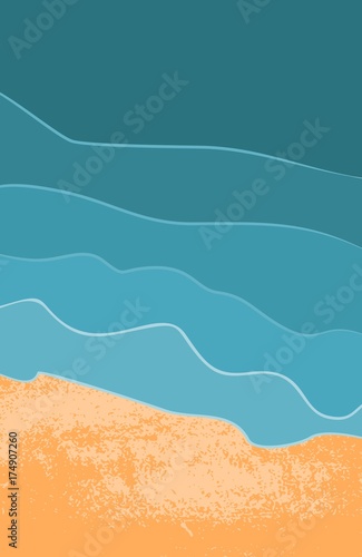 Blue and bright turquoise sea, yellow sand background. Tropical beach. Top view. Retro vector illustration.