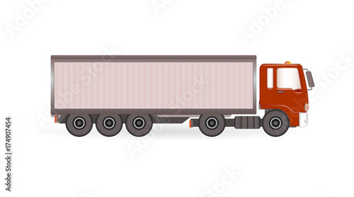 Vector truck trailer with red cabin, template isolated on white background. Cargo delivering vehicle. 