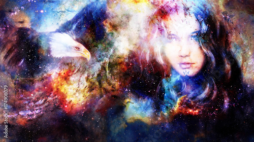 Fototapeta Naklejka Na Ścianę i Meble -  Goodnes woman and eagles. Cosmic Space background.