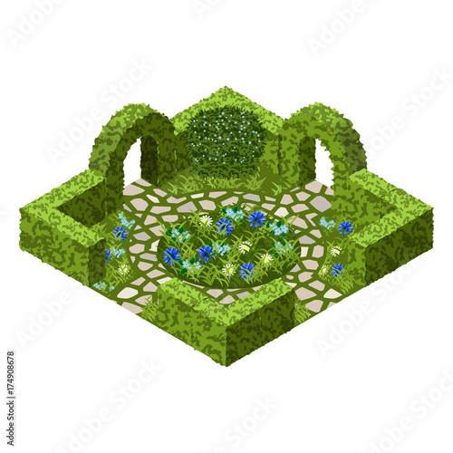Garden vector asset with topiary bushes, flowers, grass and paved walk way