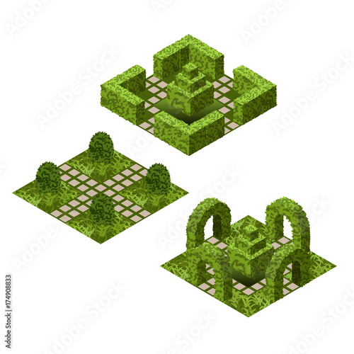 Garden isometric tile set. Asset with various bushes and grass to create topiary garden scenes