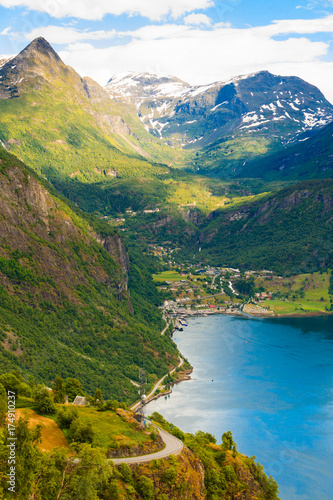 Fototapeta Naklejka Na Ścianę i Meble -  Geirangerfjord and Geiranger village in Norway