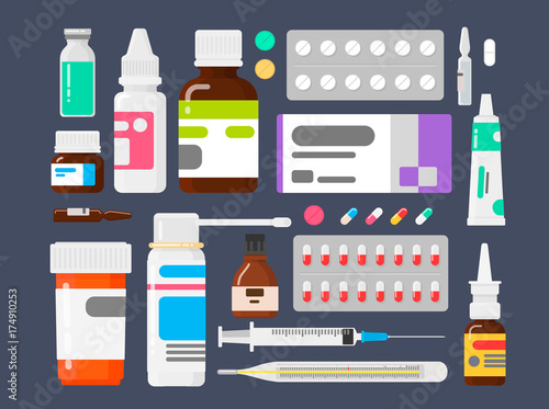 Set of medicines. Means from illnesses. Tablets a thermometer, a syringe and ampoules