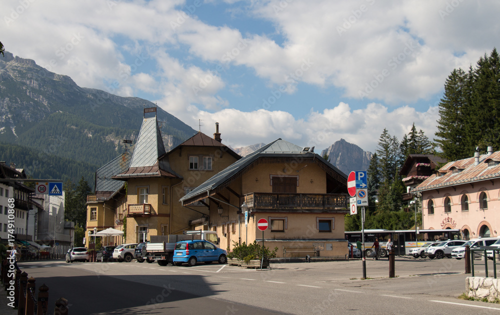 Bus station of Cortina d'Ampezzo. Dolomites, Italy.