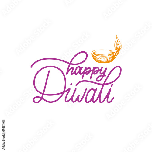 Diwali festival poster with hand lettering. Vector lamp illustration for Indian holiday greeting or invitation card.