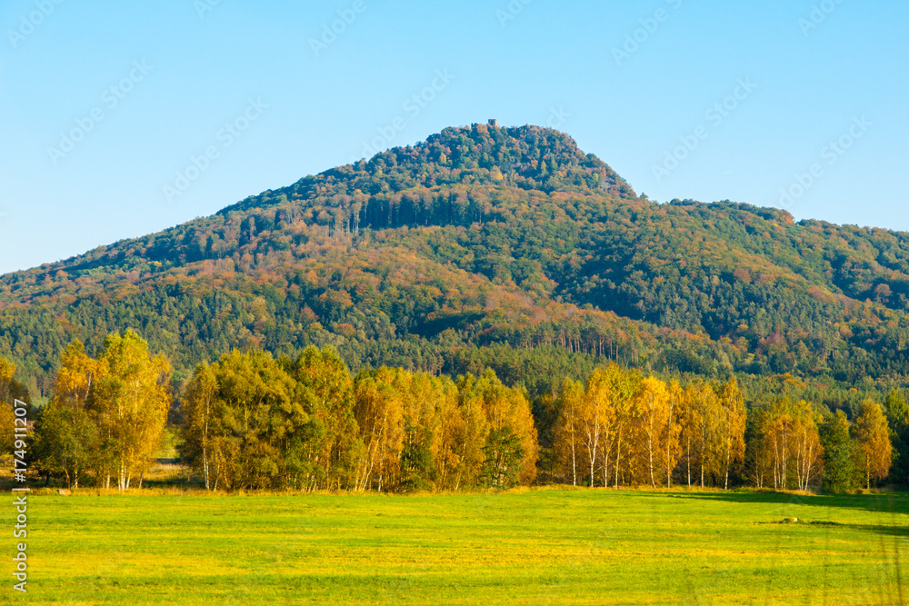 Ralsko mountain on sunny autumn day. Northern Bohemia, Czech Republic.