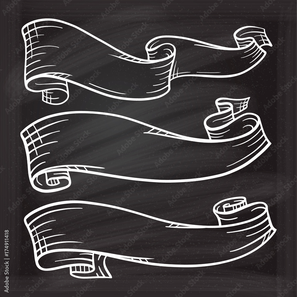 Vector set of chalk doodle scrolls and ribbons on the chalkboard
