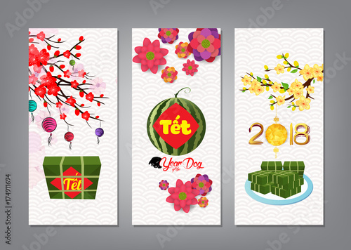 Cooked square glutinous rice cake and blossom, banner. Vietnamese new year. (Translation "Tết": Lunar new year)