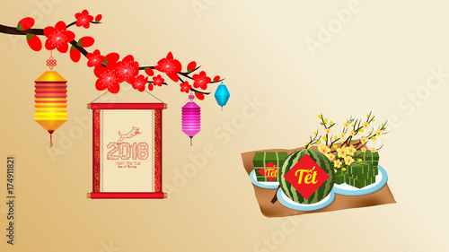 Cooked square glutinous rice cake and blossom, wallpapers. Vietnamese new year. (Translation "Tết": Lunar new year)