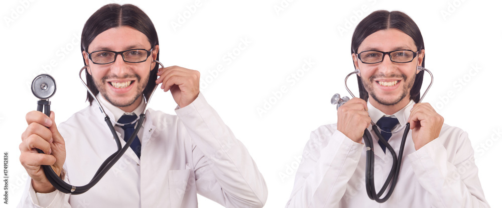 Young male doctor isolated on white