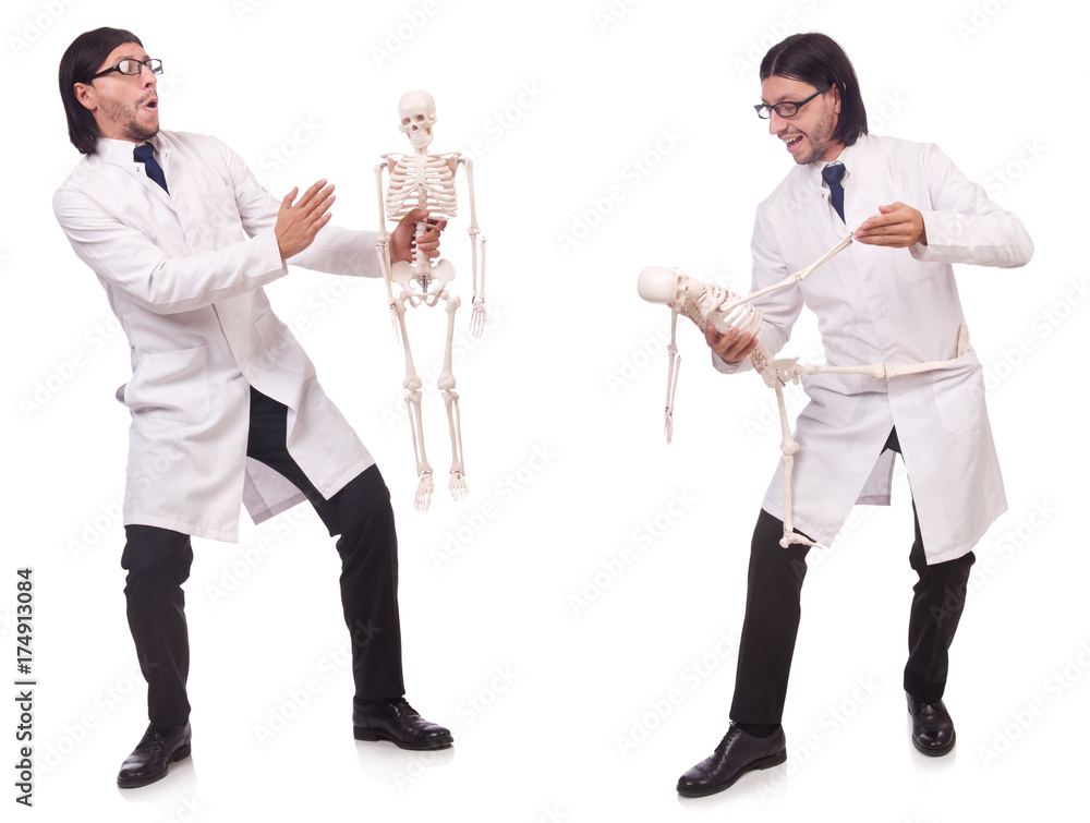 Funny teacher with skeleton isolated on white Funny teacher with skeleton isolated on white