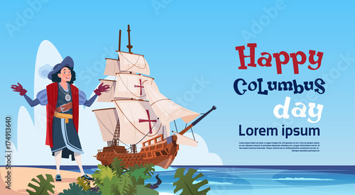 Canvastavla Happy Columbus Day Ship In Ocean On Holiday Poster Greeting Card Flat Vector Ill