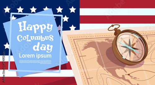Happy Columbus Day America Discover Holiday Poster Greeting Card Flat Vector Illustration
