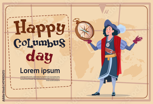 Happy Columbus Day America Discover Holiday Poster Greeting Card Flat Vector Illustration