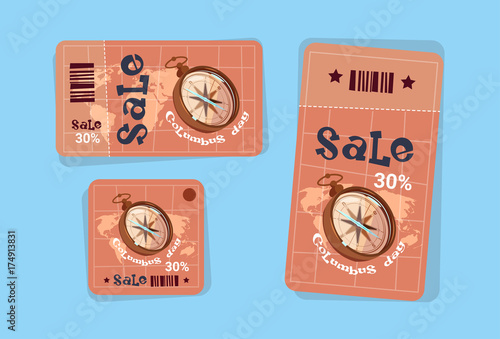 Columbus Day Seasonal Holiday Sale Tags Shopping Discount Icons America Discover Greeting Card Flat Vector Illustration