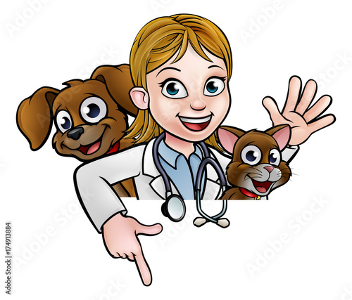 Woman Vet Cartoon Character Pointing Sign