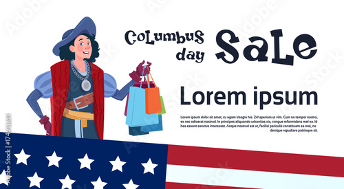 Happy Columbus Day Seasonal Holiday Sale Shopping Discount America Discover Poster Greeting Card Flat Vector Illustration