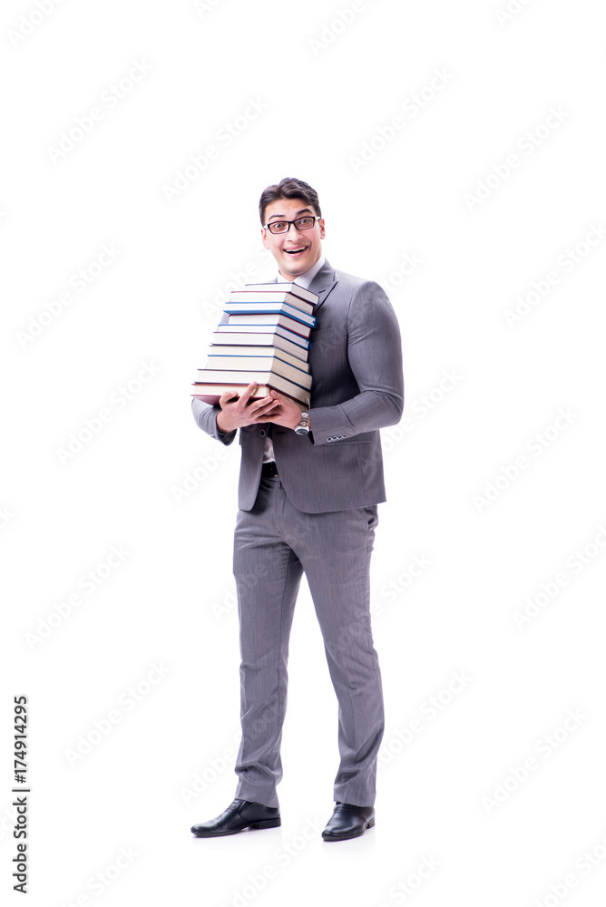 Businessman student carrying holding pile of books isolated on w Businessman student carrying holding pile of books isolated on w