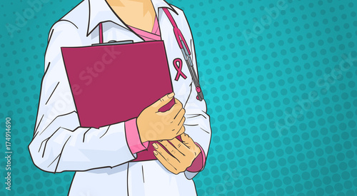 Female Doctor Wearing Pink Ribbon On Coat World Cancer Day Concept Breast Disease Awareness Prevention Flat Vector Illustration