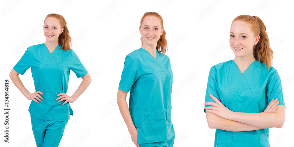 Obraz premium Woman- doctor in uniform thumbing up isolated on white