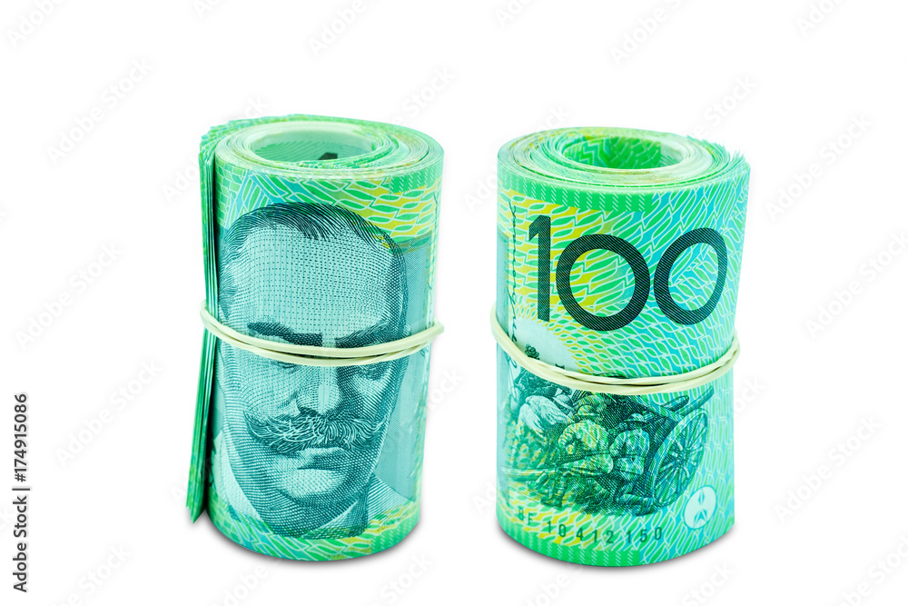 Rolled Australian banknotes isolated on white background with clipping path. Rolled Australian banknotes isolated on white background with clipping path.