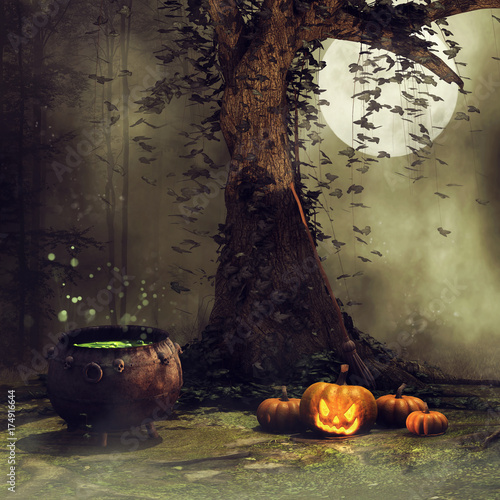 Nocna sceneria ze starym drzewem, kotłem czarownicy i dyniami na Halloween