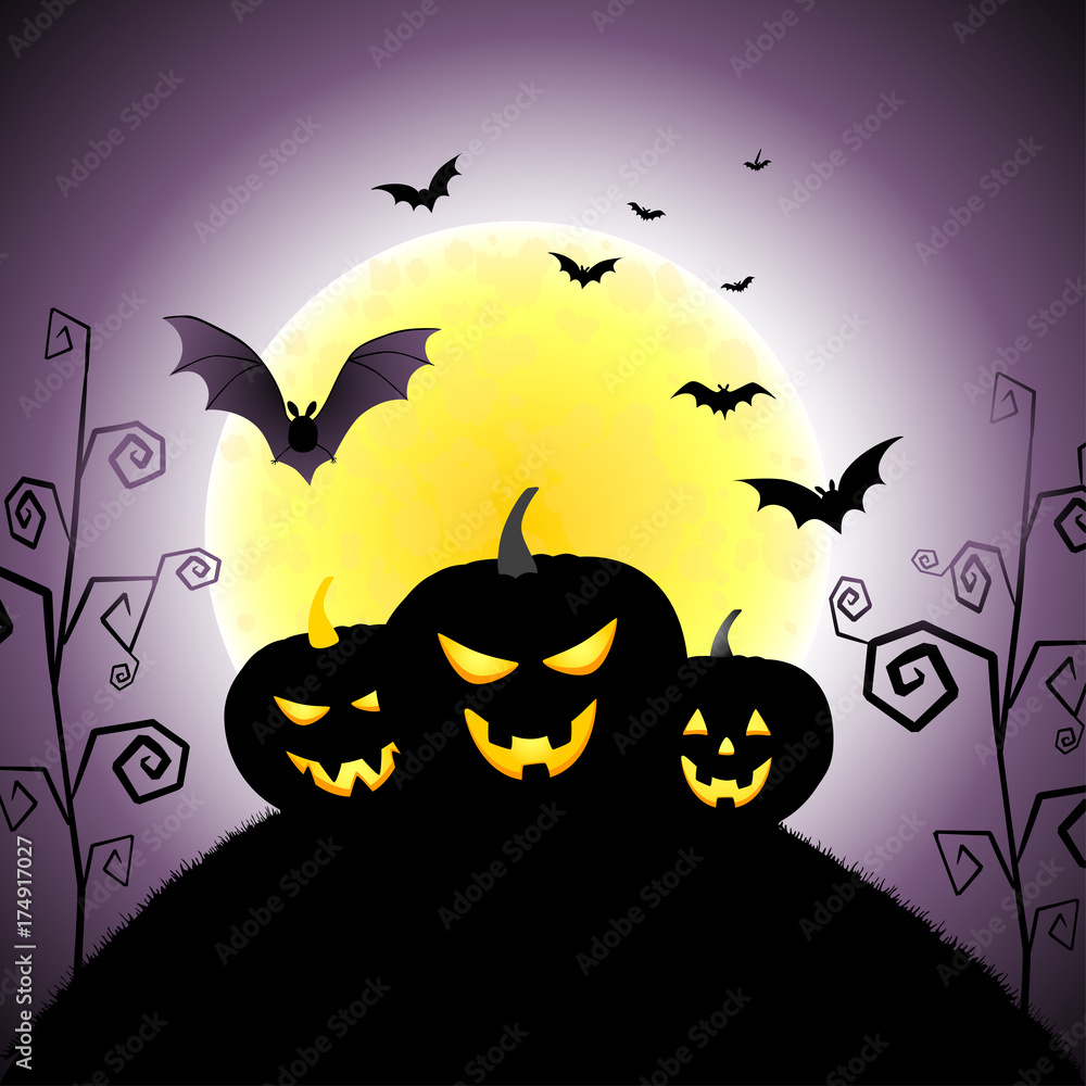Halloween background. Festive vector illustration. Pumpkin. Bat. Full moon. Fear. Dark.