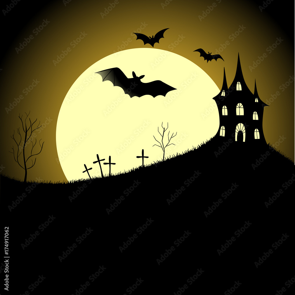 Halloween background. Festive vector illustration. Bat. Castle. Cemetery. Full moon. Fear. Dark.