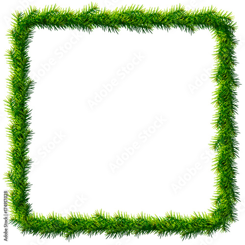 Thin christmas square wreath without decoration. Rectangle frame of pine branches isolated on white. Vector image for new years day, christmas, winter holiday, decoration, new years eve, design, etc