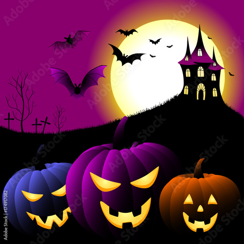 Halloween background. Festive vector illustration. Pumpkin. Bat. Castle. Cemetery. Full moon. Fear. Dark.