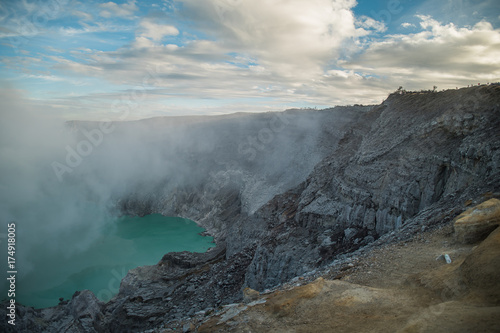 Lake and Sulfur Mine at Khawa Ijen Volcano Crater, Indonesia