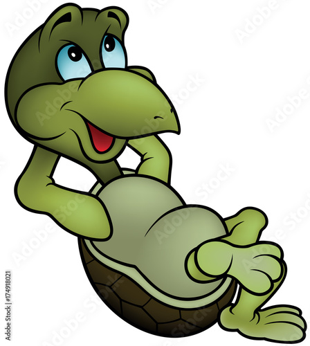 Green Turtle Relaxing - Cartoon Illustration, Vector