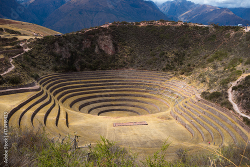 The archaeological site at Moray, travel destination in Cusco region and the Sacred Valley, Peru. Majestic concentric terraces, supposed Inca's food farming laboratory. © fabio lamanna