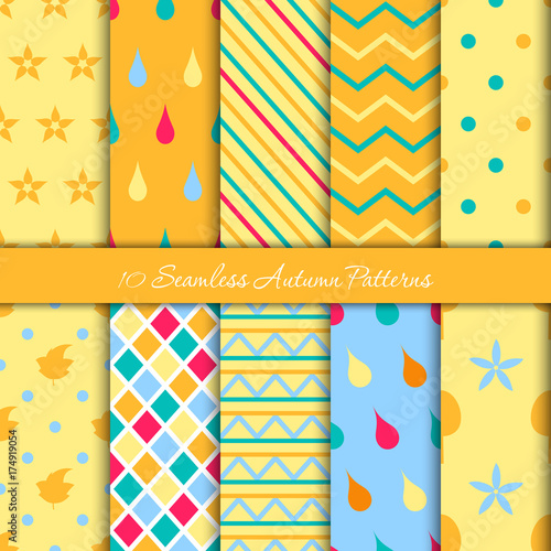 Ten autumn different seamless patterns. Endless texture for wallpaper, web page background, wrapping paper and etc. Retro style. 