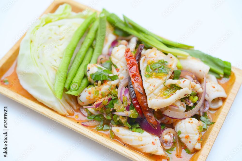 Thai Food Spicy seafood salad with herb.
Thai Food Spicy seafood salad with herb.