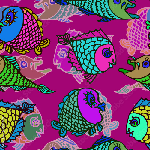 Funny colorful fishes, hand drawn doodle, sketch in naïve, pop art style, seamless pattern design on purple background