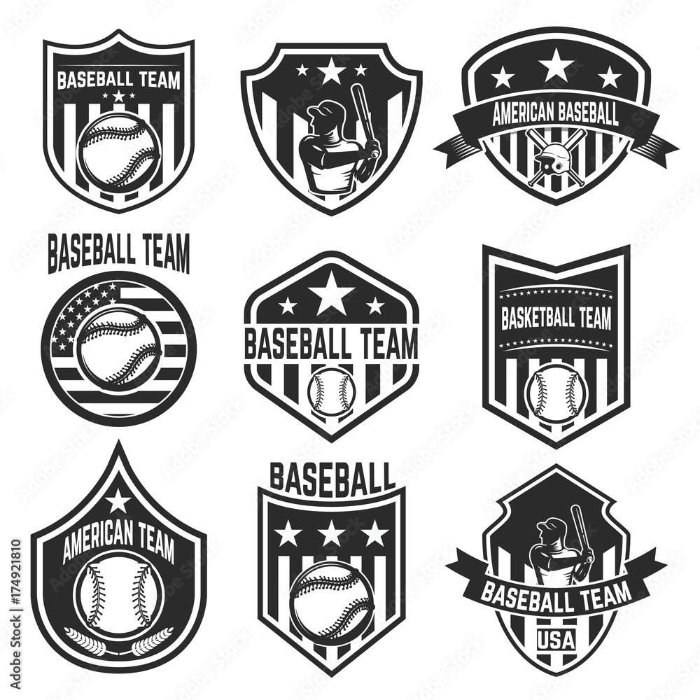 Set of baseball team emblems on white background.