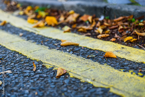 Closeup view yellow road marking line