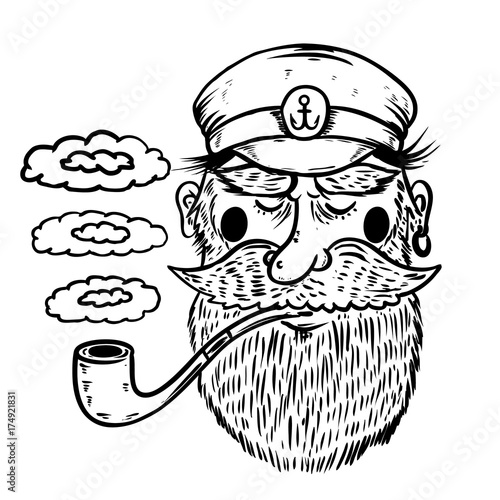 Hand drawn captain illustration. Sailor with smoking pipe.