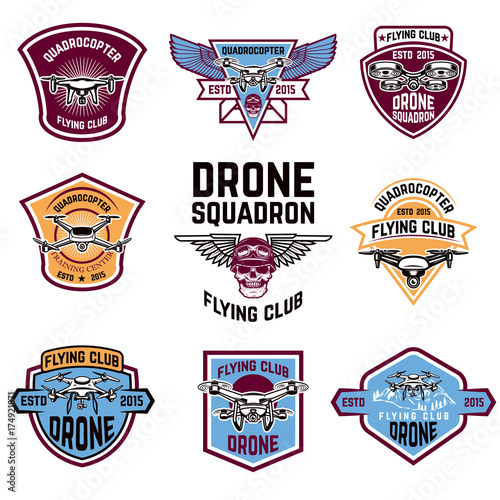 Set of drone flying club emblems.