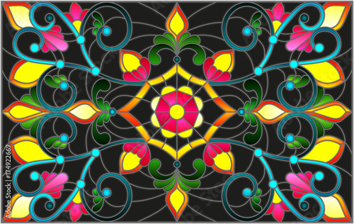 Illustration in stained glass style with abstract swirls,flowers and leaves on a dark background,horizontal orientation