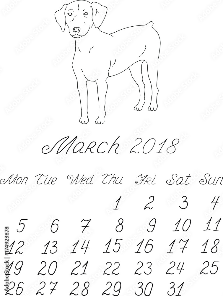 Creative vector hand drawn doodle monthly english calendar template for  year 2018 with illustration of different dogs pedigrees. Lettering,  typeface. March, dalmatian. Editable. Stock Vector | Adobe Stock
