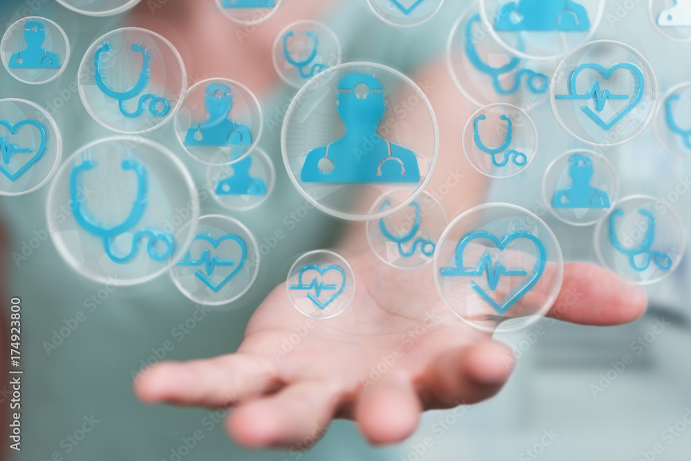 Businesswoman using modern medical interface 3D rendering Businesswoman using modern medical interface 3D rendering