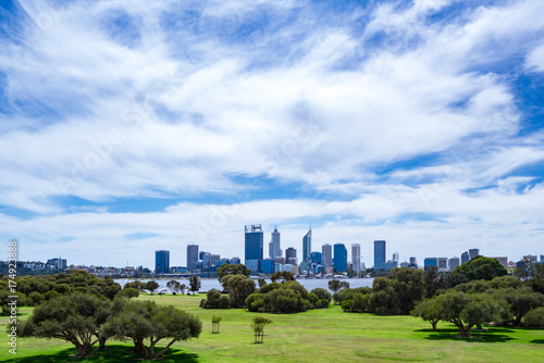 The Perth city skyline viewed across Sir Jame Mitchell Park in South Perth, Western Australia. © beau