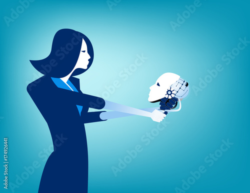 Businesswoman looking at robot skull in hand. Concept technology vector illustration.