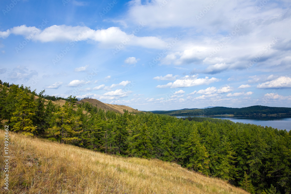 summer landscape, pines, lake and mountains, clouds in the sky, Bashkiria, Ural,  Russia, Lake Kalkan