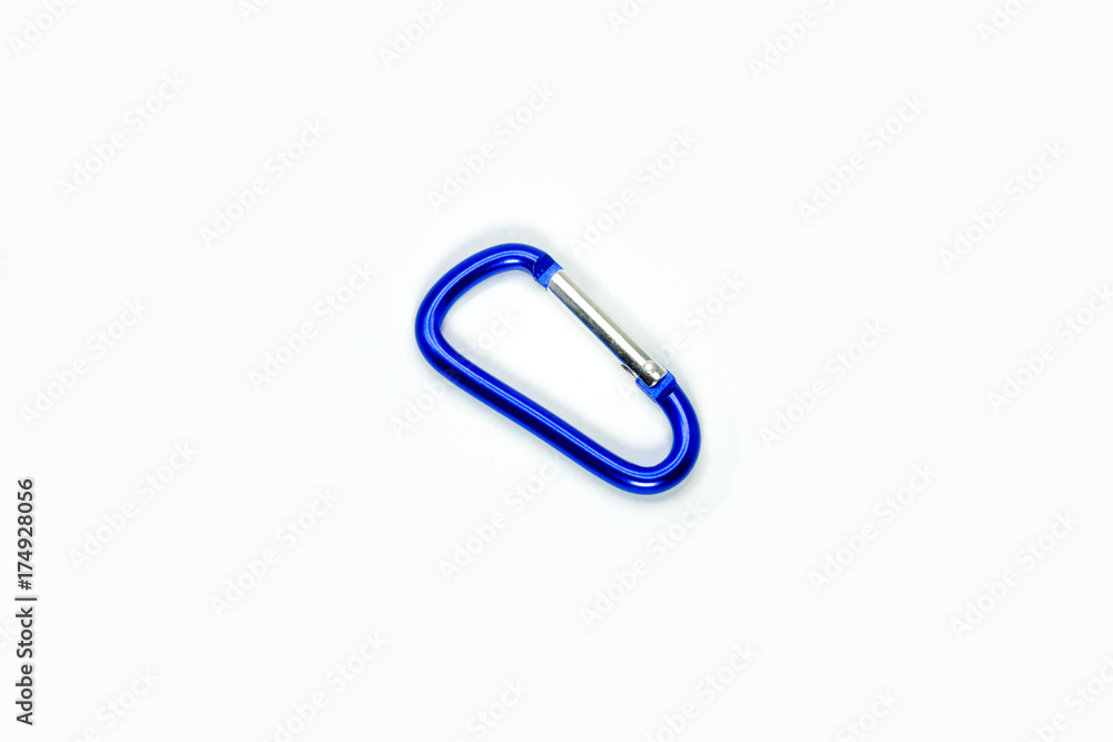 Blue karabiner or carabiner isolated in white background