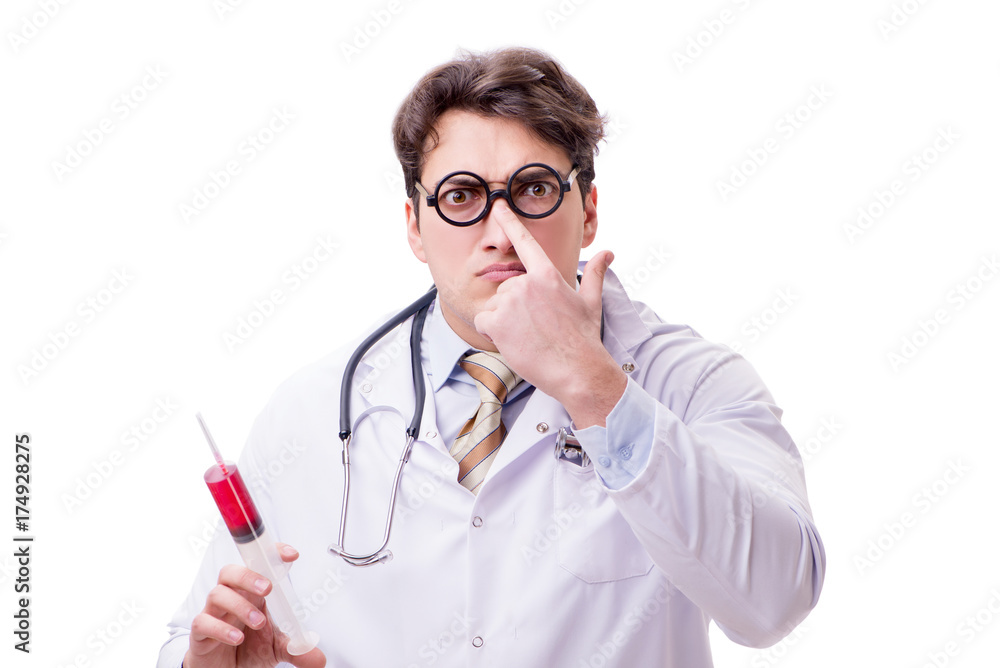 Funny doctor with syringe isolated on white Funny doctor with syringe isolated on white